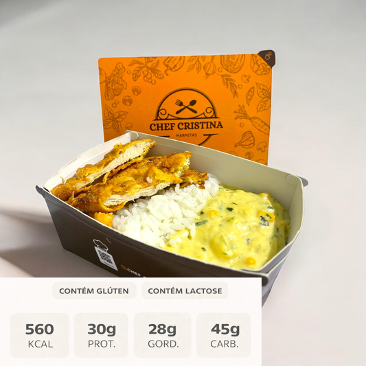 Frango empanado com creme de milho